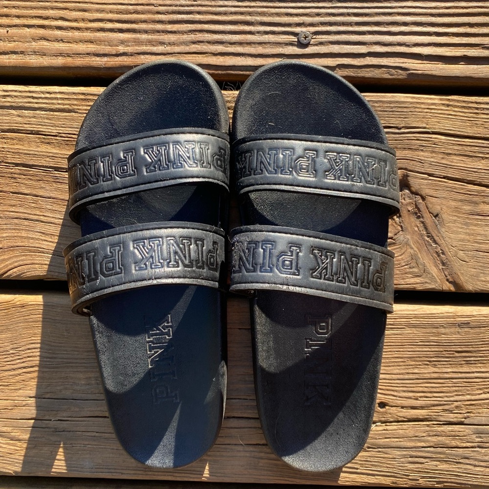 VS PINK Black Double Strap logo sandals